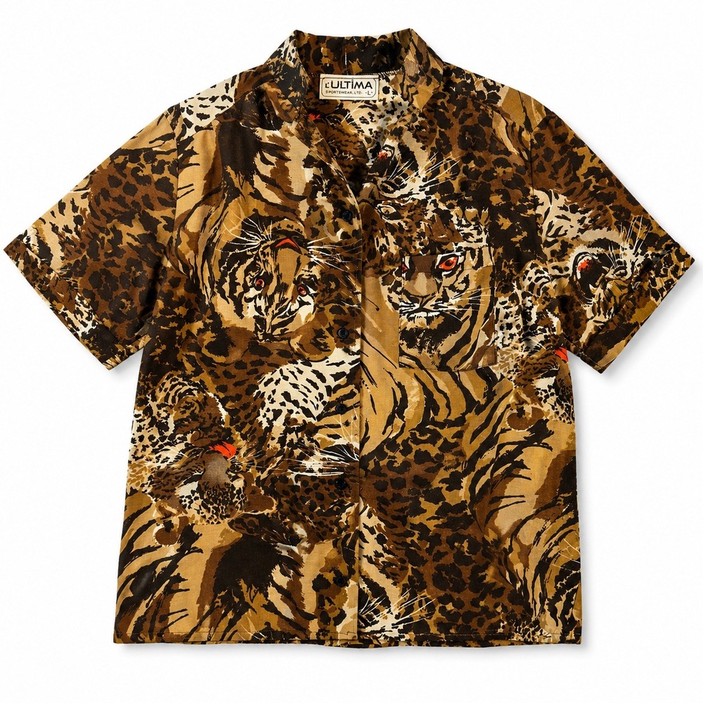 Vintage L'Ultima Sportswear Tiger Leopard Animal Print Button Up Shirt Large Cat